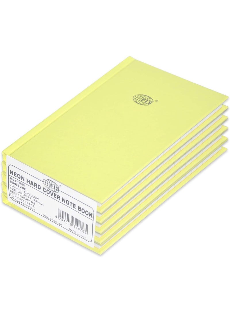 FIS 5-Piece Neon Hard Cover Note Book, 100 Sheets, Single Line, A6 Size, C.yellow Colour - FSNBA6N363 - Image 1